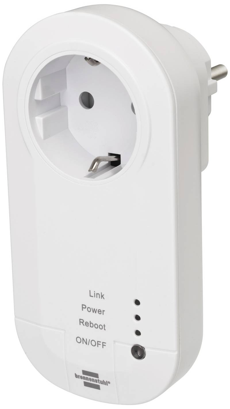 Weiße smarte Steckdose mit Steckschlitz, LED-Anzeigen für 'Link', 'Power', 'Reboot' und 'ON/OFF', markiert mit Logo.