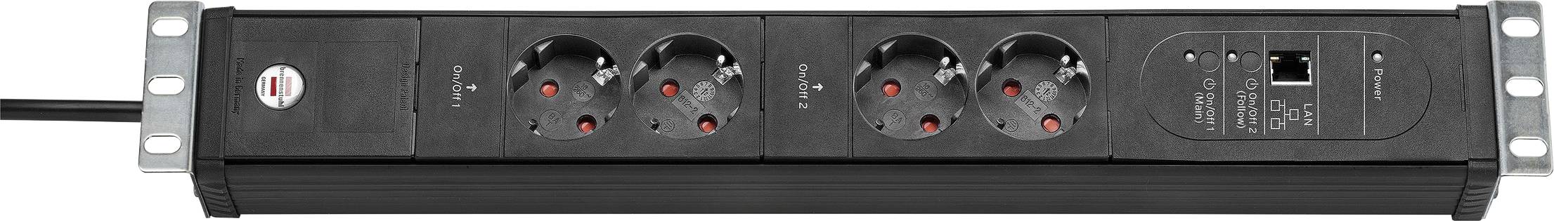 Verteilerstromleiste zur Rackmontage mit vier europäischen Steckdosen, einem Netzschalter und zwei Netzwerk-Anschlüssen auf einer schwarzen Metalleinheit.