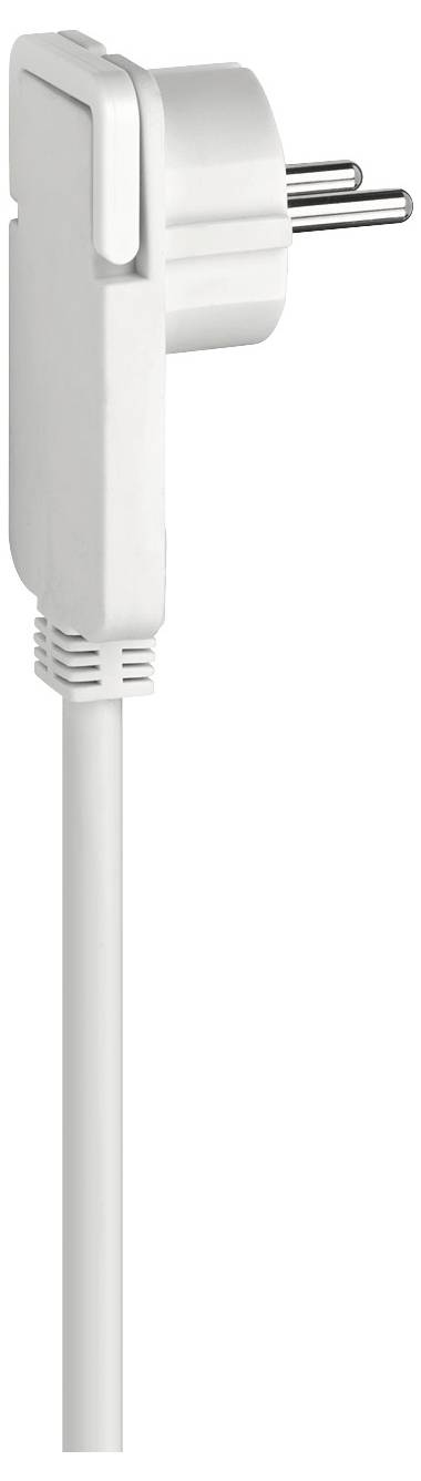 Weißer Stromstecker mit zwei runden Stiften und angebrachtem Kabel, shown on a plain background.
