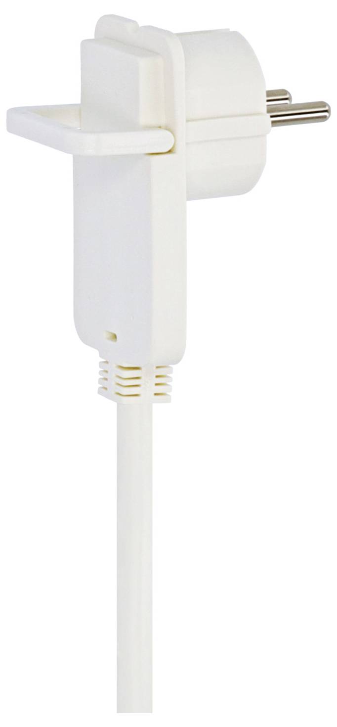 Weißer rechtwinkliger Stromstecker mit angeschlossenem Kabel auf einfachem Hintergrund.