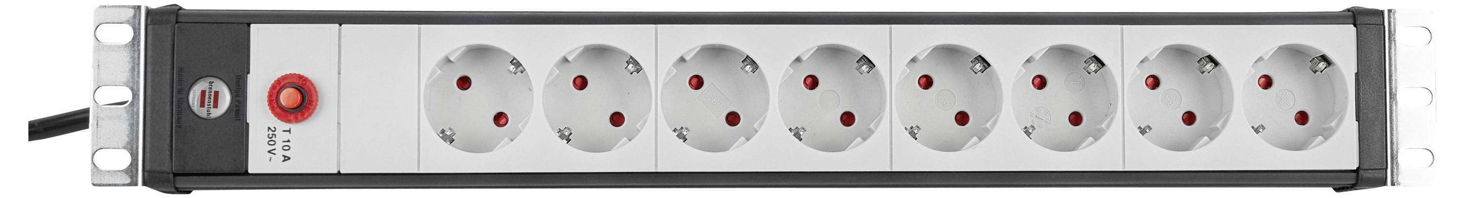 Eine Rack-Montage-Steckdosenleiste mit neun runden Ausgängen, einem roten Ein-/Ausschalter und einem schwarz/silbernen Metallgehäuse.
