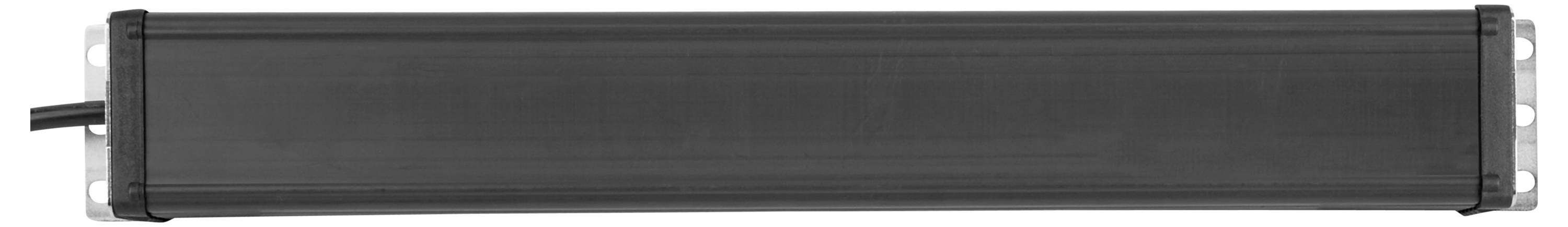 Ein langes schwarzes rechteckiges elektronisches Modul oder Rack-Mount-Gerät mit seitlichen Befestigungsohren und einer gerippten Frontplatte.