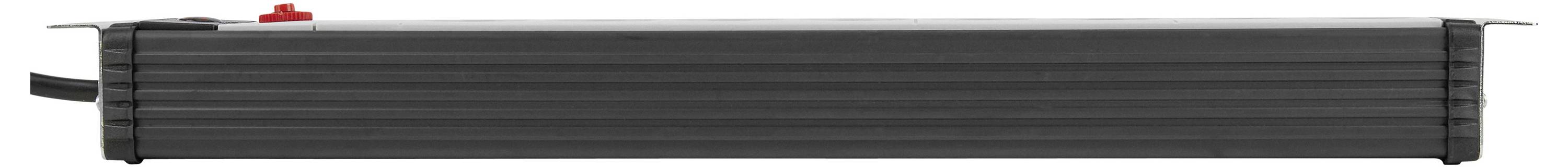 Langes schwarzes rechteckiges elektronisches Gerät mit horizontalen Rippen, einem roten oberen Schalter und Kabeln, die sich von beiden Enden erstrecken.