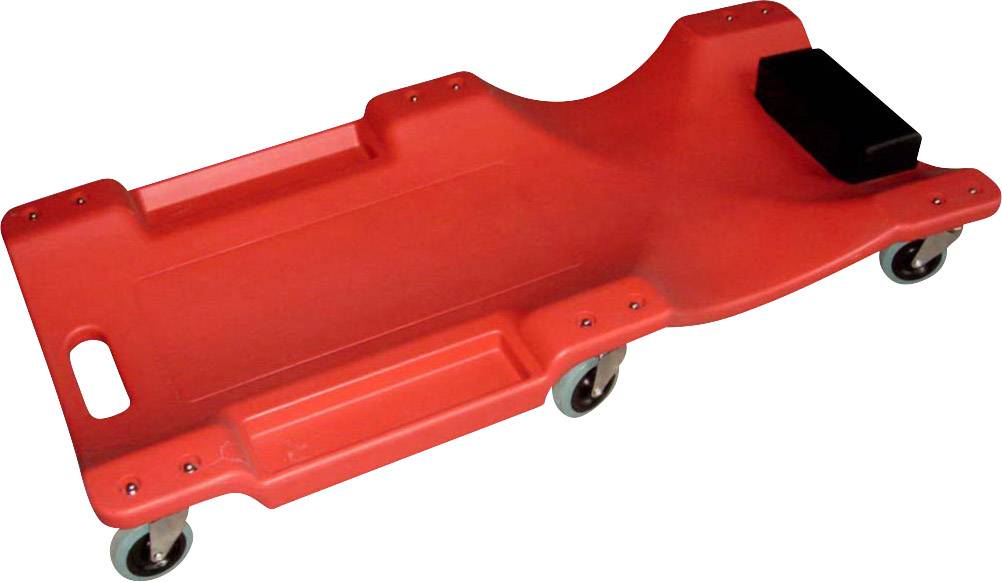 Rote Automechanik-Liege mit sechs Rädern und schwarzem Kopfpolster, verwendet für Wartungsarbeiten unter Fahrzeugen.