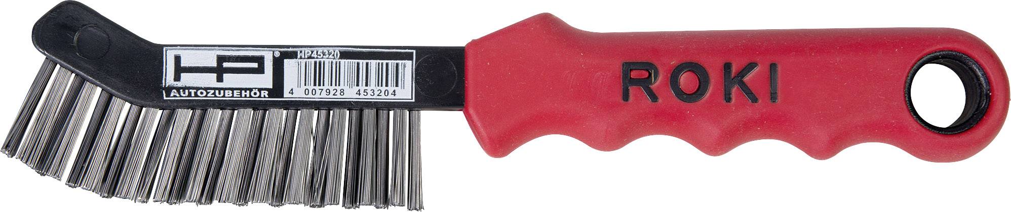 Rot-schwarze Reinigungsbürste mit Metallborsten, griffbereit zum Einsatz in Werkstätten oder für allgemeine Reinigungszwecke.