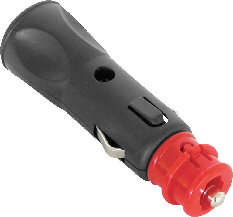 Schwarzer Steckdosenadapter mit rotem Ende, geeignet für Autoladegeräte, zur Stromversorgung von Geräten im Auto.
