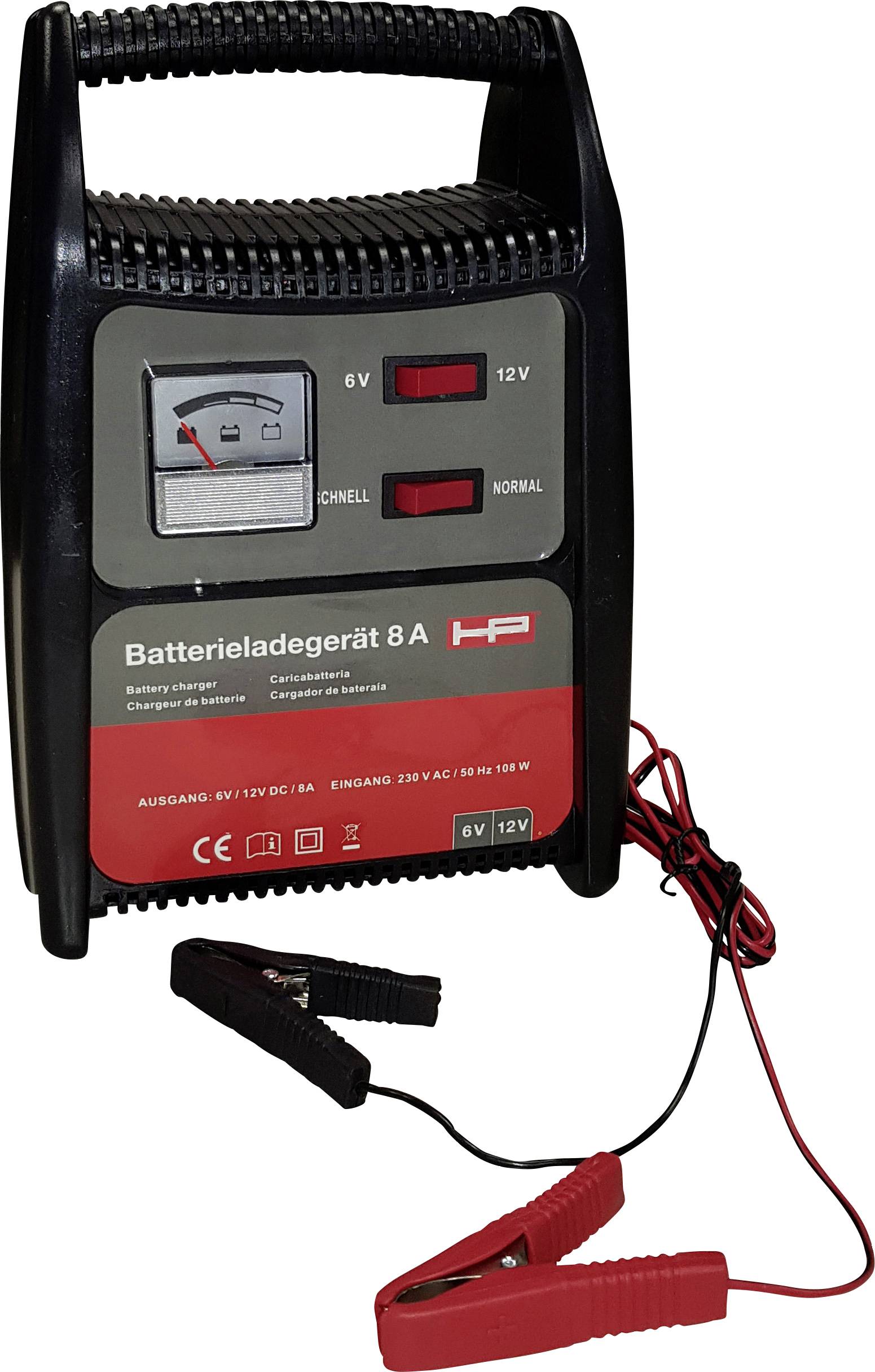 Ein 8A-Batterieladegerät für 6V und 12V Batterien mit Anzeige für Ladezustand und zwei angeschlossenen Klemmen.