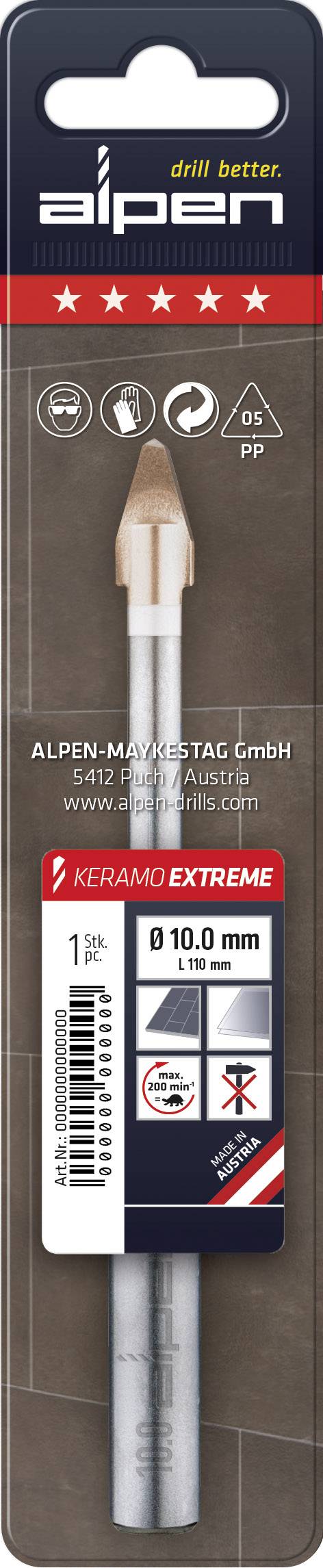 Bohrer von Alpen mit 10 mm Durchmesser, geeignet für extrem harte Materialien. Verpackungsdesign zeigt Marke und Produktspezifikationen.