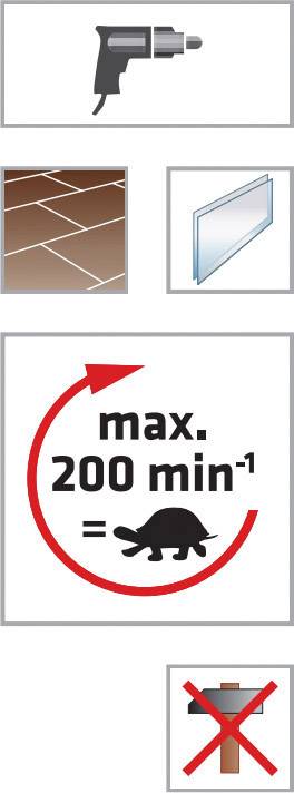 Ein Diagramm mit Symbolen: Bohrmaschine, Fliesen, Glas, eine Schnecke mit 'max. 200 min⁻¹', und ein durchgestrichenes Hammer-Symbol.