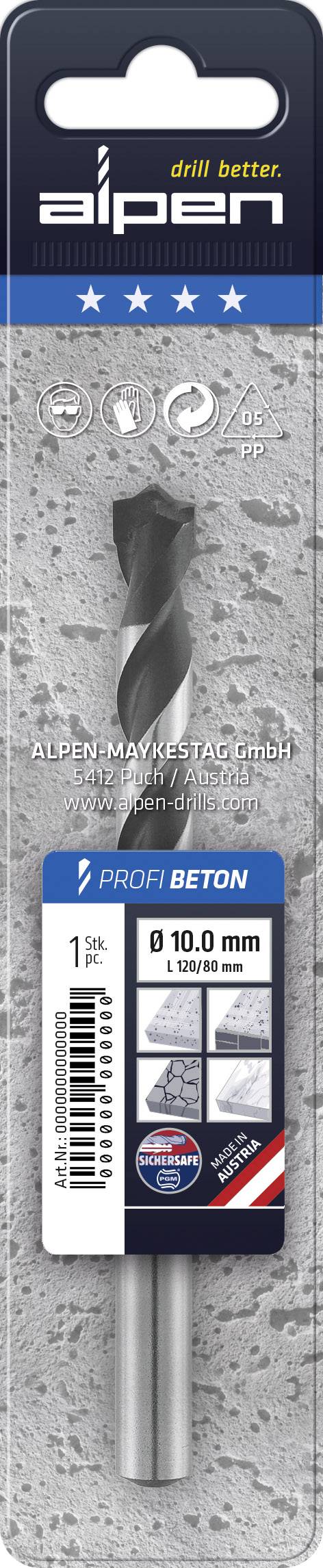 Verpackung eines Betonbohrers mit 10 mm Durchmesser, Markenname 'Alpen', Bohrerabbildung und Grafiken zur Nutzung.