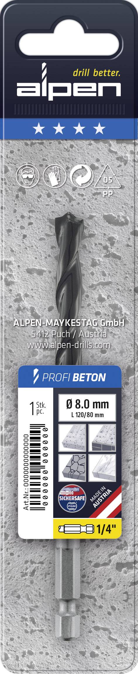'Apens Profit Beton Bohrer', mit einem Durchmesser von 8,0 mm, auf einer Verpackung mit grauer Betonhintergrund und blauen Akzenten.