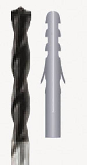 Bohrer und Dübel nebeneinander. Der Bohrer ist schwarz mit spiralförmiger Klinge, der graue Dübel hat seitliche Rillen.