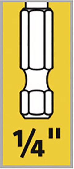 Weiße, schematische Darstellung eines Schraubenkopfes auf gelbem Hintergrund mit der Aufschrift '1/4