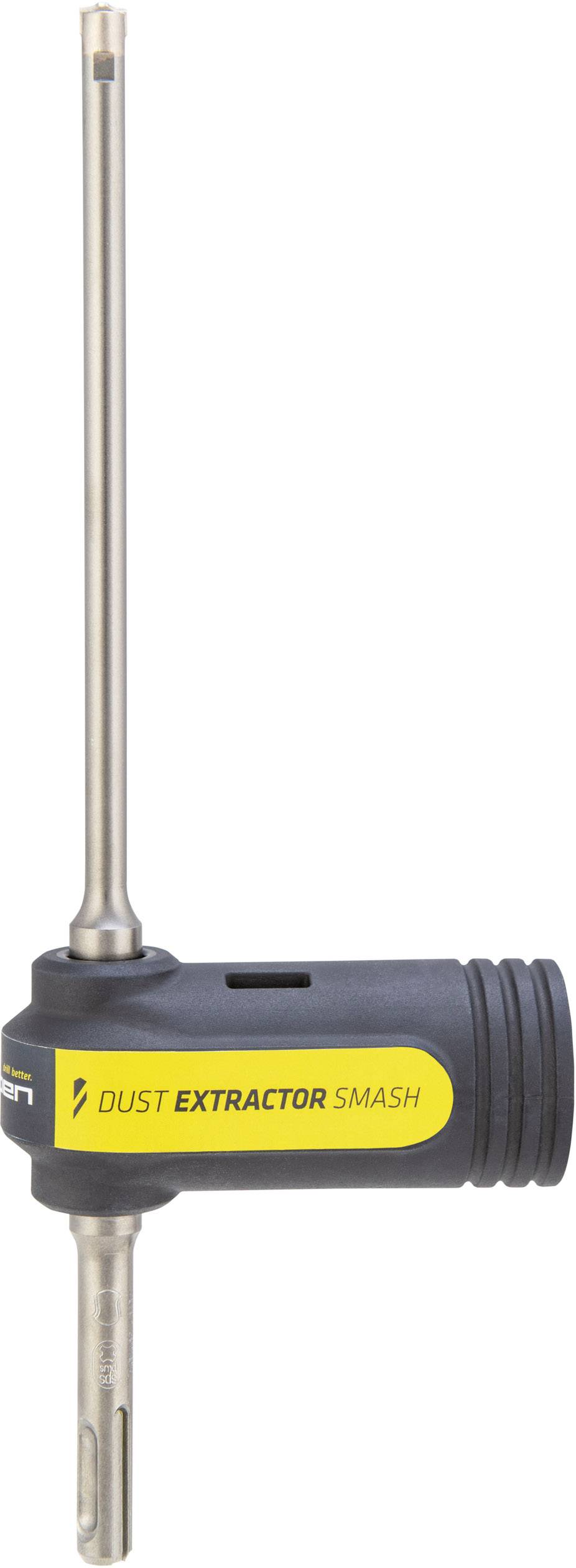 Bohrer mit integriertem Staubabsauger, seitlich montiert, gelbes Etikett mit der Aufschrift 'Dust Extractor Smash', schwarzer Griff.