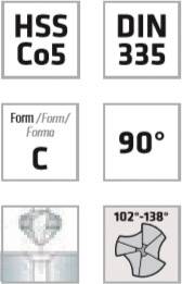 Kegelsenker 90°, HSS Co5, DIN 335, Form C, Schneidwinkel 102°-138°