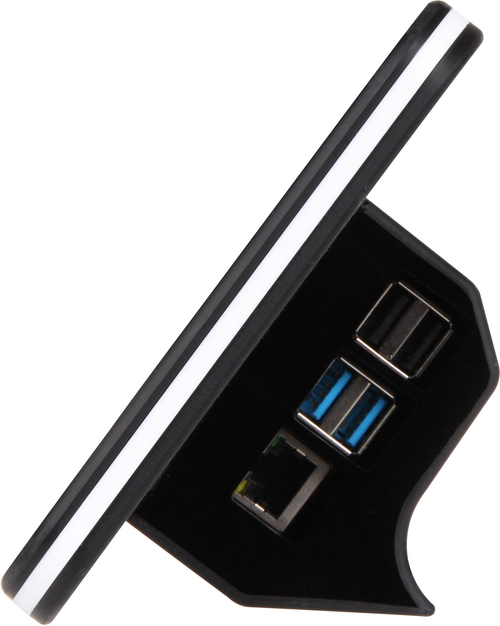 Seitliche Ansicht eines schwarzen, trapezförmigen Geräts mit zwei USB-Anschlüssen und einem RJ45-Anschluss in einer vertikalen Halterung.