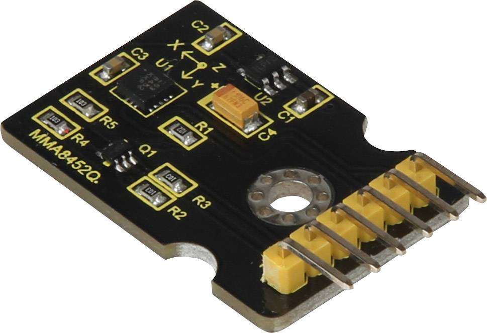 Elektronischer Sensor mit der Beschriftung 'MMA8452Q', Anschlüssen und mehreren Komponenten auf einer Leiterplatte.