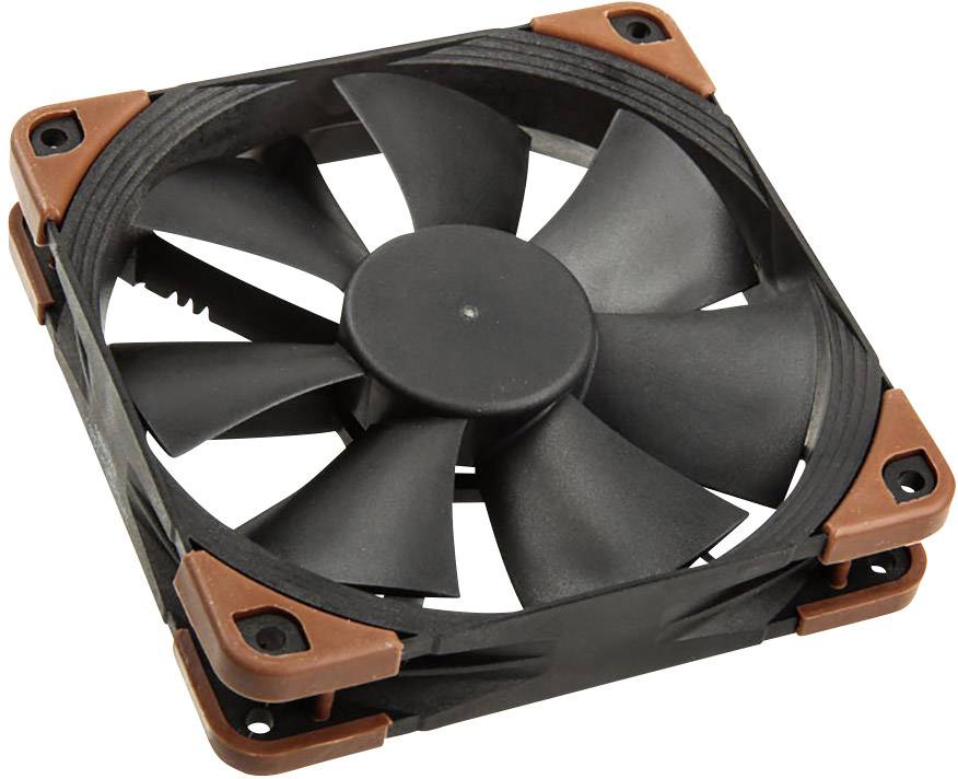 Computer-Lüfter mit schwarzem Gehäuse, schwarzen Rotorblättern und braunen Eckpolstern zur Vibrationsdämpfung.