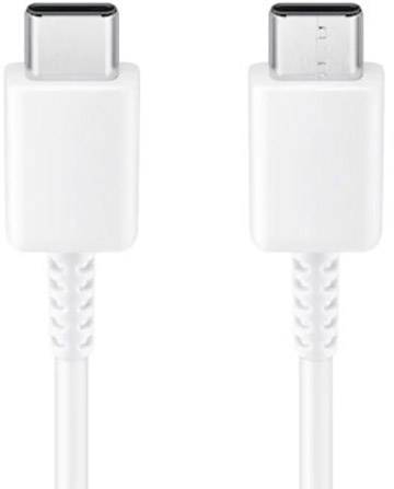 Ein weißes USB-C-auf-USB-C-Kabel mit zwei Anschlüssen, die Datenübertragung und Stromversorgung ermöglichen.