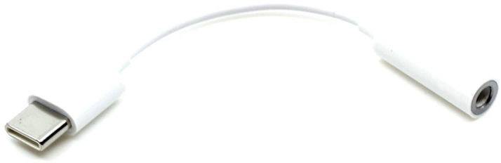 Ein weißer Adapter mit USB-C-Anschluss auf der einen Seite und einer 3,5-mm-Kopfhörerbuchse auf der anderen Seite.