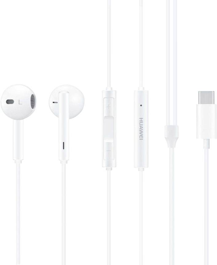 Weiße kabelgebundene Ohrhörer mit USB-C-Anschluss, integriertem Mikrofon und Lautstärkeregler. Geeignet für Huawei-Geräte.