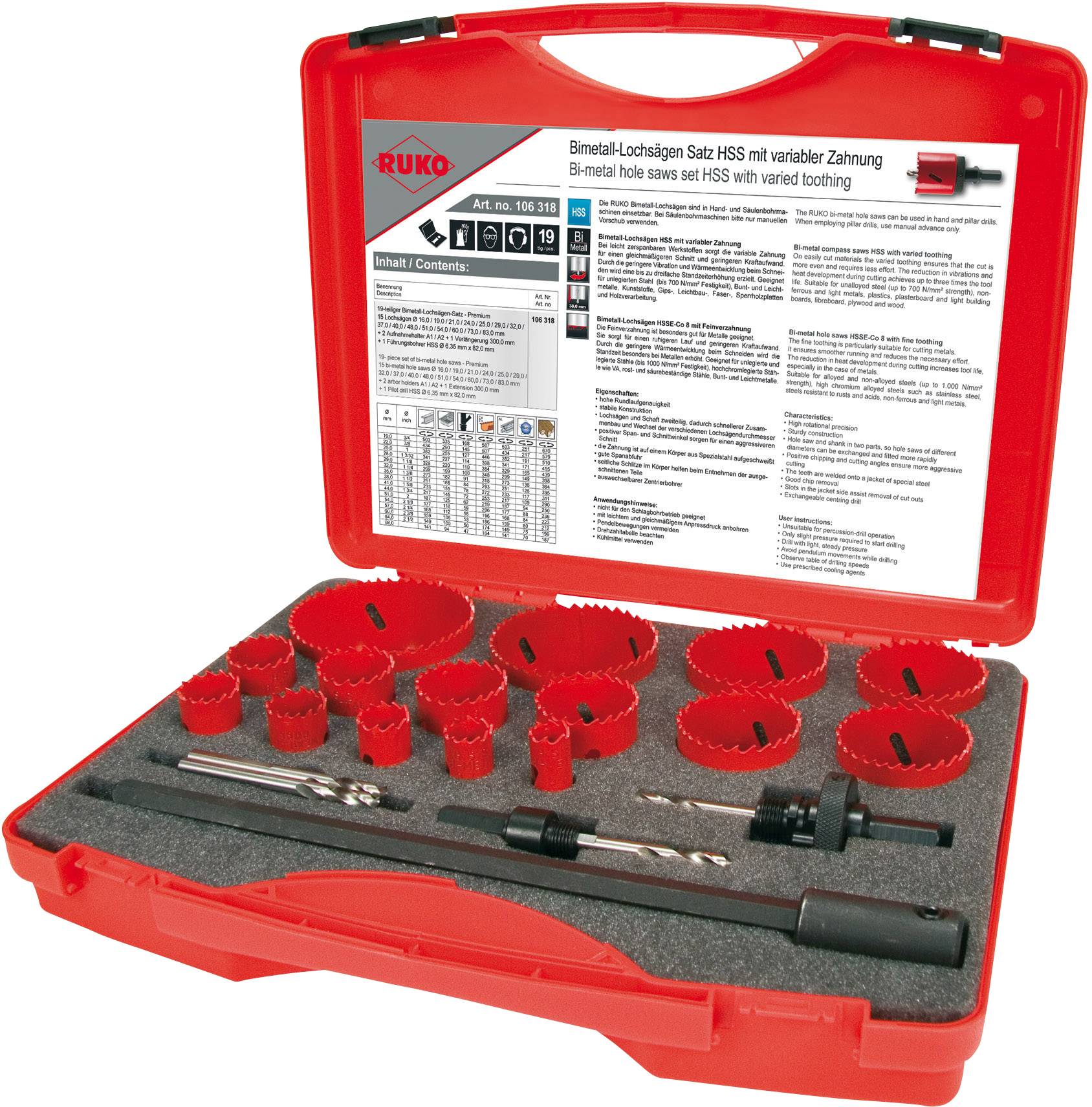 Ein roter Koffer enthält rot lackierte Bimetall-Lochsägen verschiedener Größen, Bohrer und einen Adapter, mit Schaumstoffeinlage.
