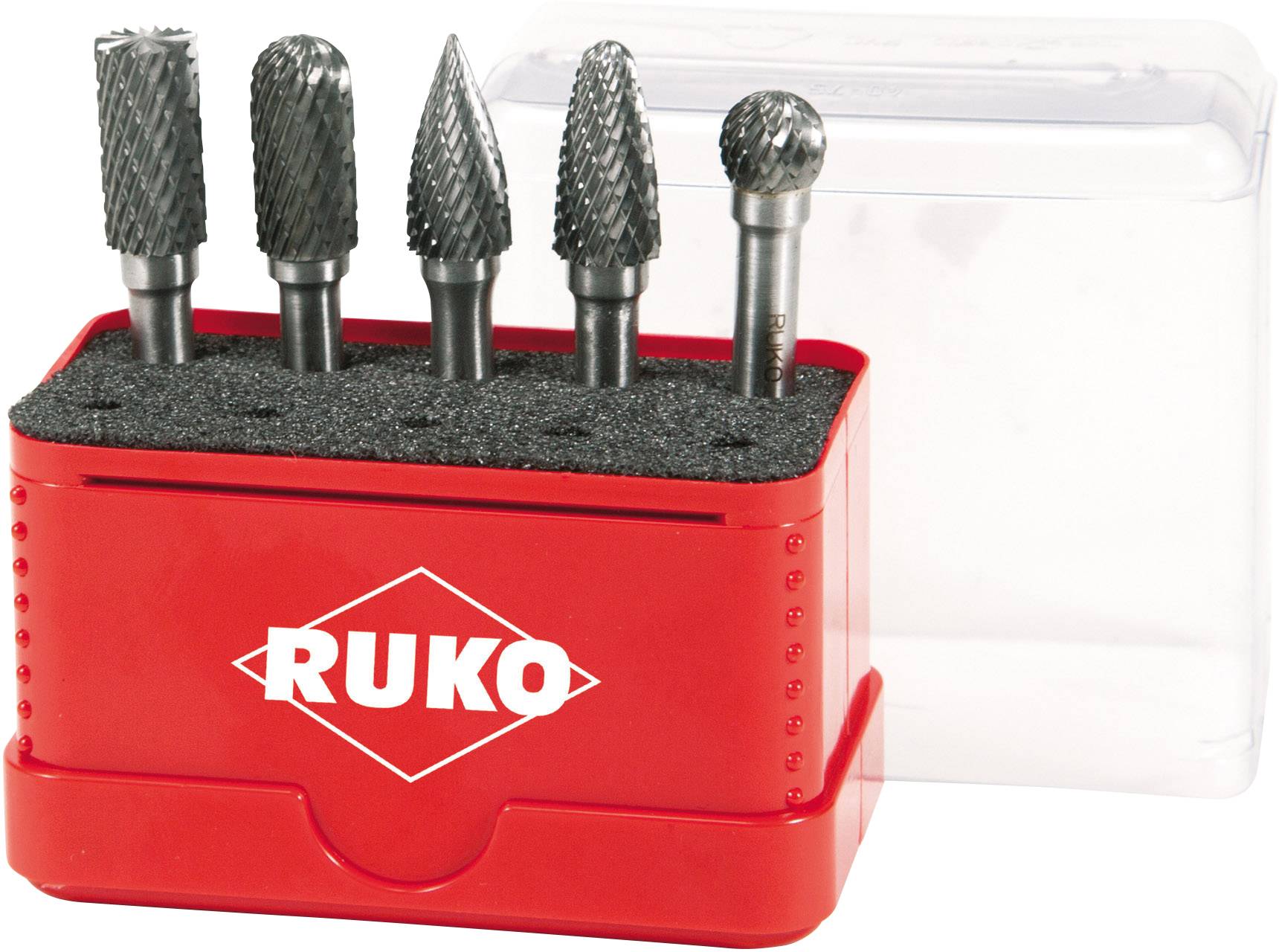 Ein rot verpacktes Fräser-Set von Ruko mit fünf unterschiedlich geformten rotierenden Fräsern aus Metall, geeignet für Präzisionsarbeiten.