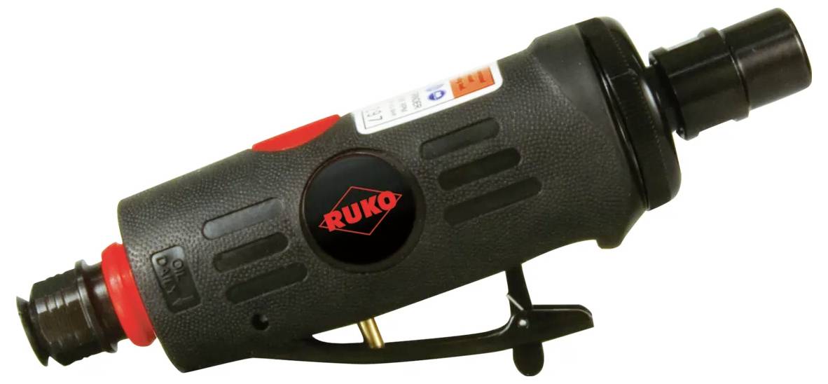 Schwarzes RUKO-Rotationswerkzeug mit roten Akzenten und Seitengriff, gezeigt auf weißem Hintergrund.