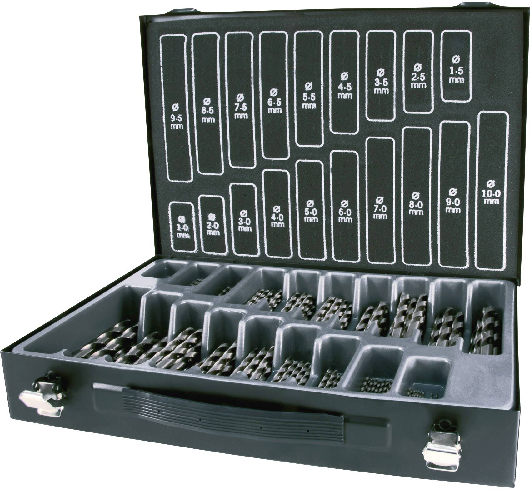 Bohrerset mit verschiedenen Größen von 1,0 mm bis 10,0 mm, in einem offenen schwarzen Koffer mit geordneten Fächern.