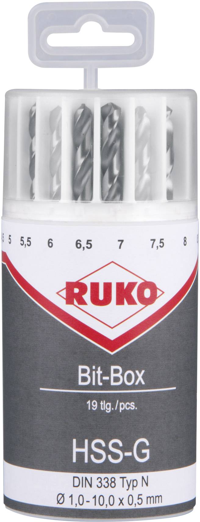 'Ruko Bit-Box' HSS-G Bohrer-Set, 19-teilig, Größen von 1,0 bis 10,0 mm. Enthält Spiralbohrer in einer transparenten Verpackung.