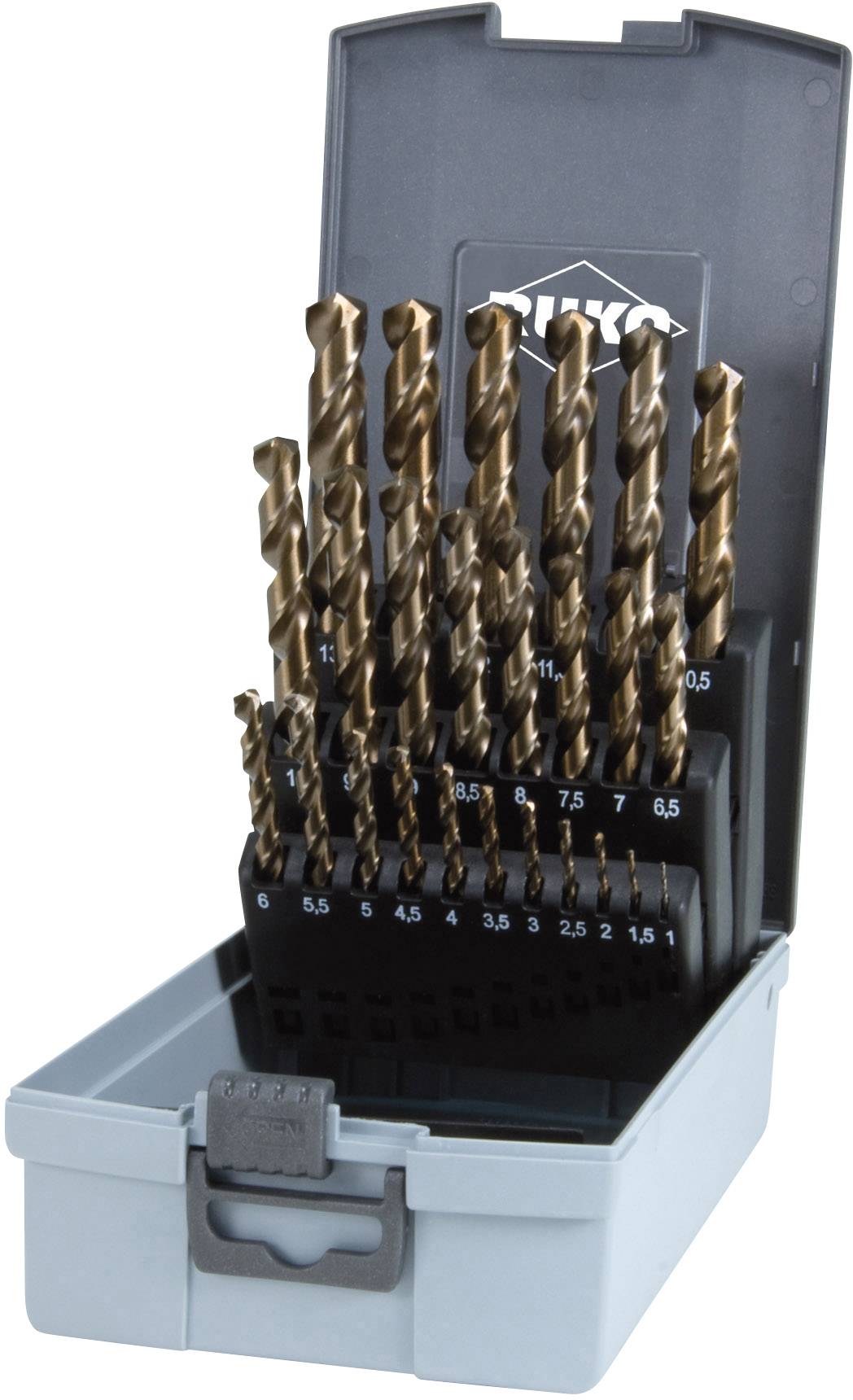 Bohrer-Satz in einem offenen Kunststoffkoffer, verschiedene Größen geordnet, geeignet für Metallarbeiten.