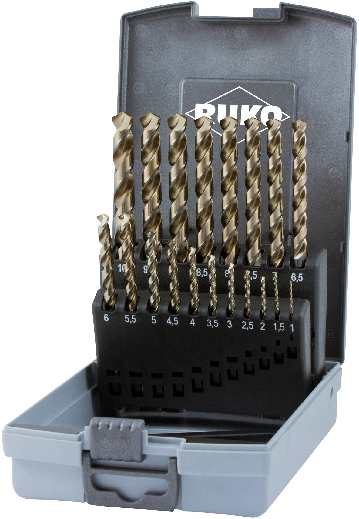 RUKO 228214RO HSSE-Co 5 Metall-Spiralbohrer-Set 19teilig 1 mm, 1.5 mm, 2 mm, 2.5 mm, 3 mm, 3.5 mm, 4 mm, 4.5 mm, 5 mm, 5.5 mm