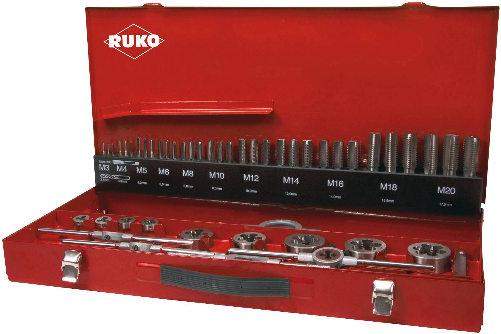 Rotes Werkzeugkasten-Set mit Metallgewindebohrern und Schneideisen verschiedener Größen, beschriftet von M3 bis M20.
