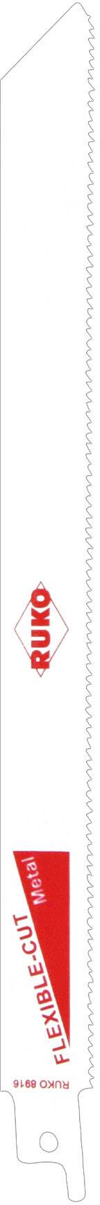 Säbelsägeblatt mit rotem Logoschriftzug, Zähnung auf rechter Seite. Hauptsächlich in Weiß und Rot gestaltet.