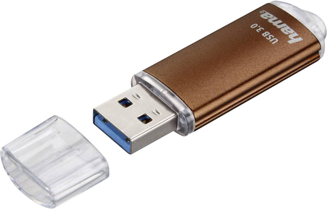 USB-Stick der Marke Hama mit USB 3.0-Anschluss und abgenommener Schutzkappe, auf hellem Hintergrund platziert.