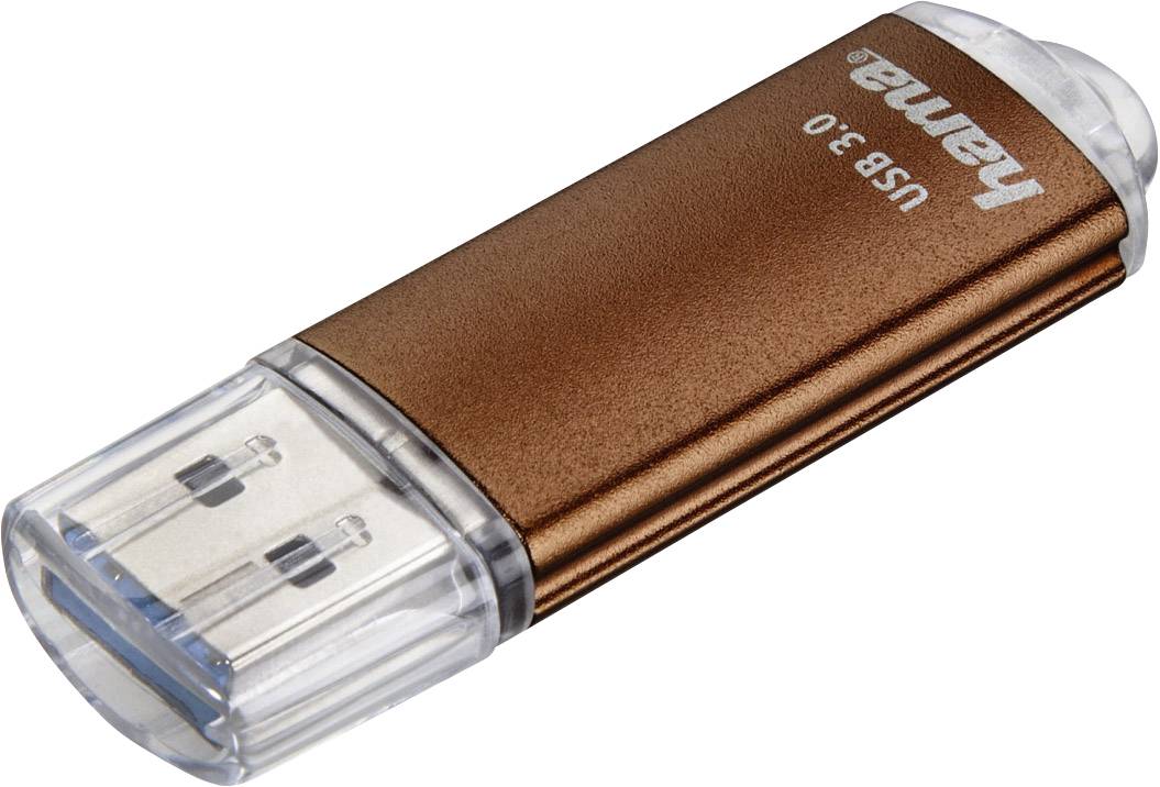 Brauner USB-Stick mit der Aufschrift 'Hama USB 3.0', transparenten Kappen an beiden Enden, geeignet zum Speichern von Daten.