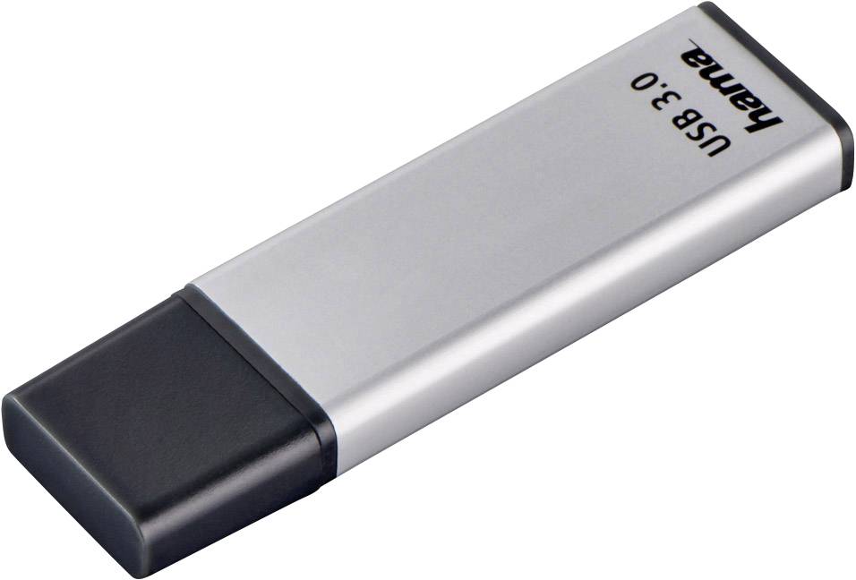 Ein silberner USB-Stick mit schwarzer Kappe und der Aufschrift 'USB 3.0' und 'hama'.