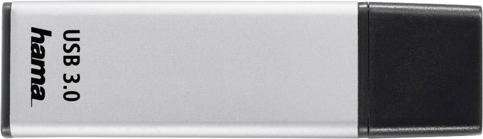 Silberfarbener USB 3.0-Stick der Marke Hama, mit schwarzem Schutzkappe rechts.
