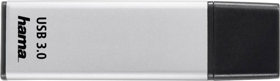 Ein silberner USB-Stick mit schwarzem Ende, auf dem 'USB 3.0 hama' steht.