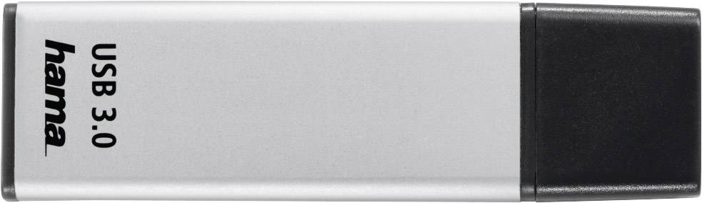Ein silberner USB-Stick mit der Aufschrift 'USB 3.0' und 'hama' auf der Vorderseite.