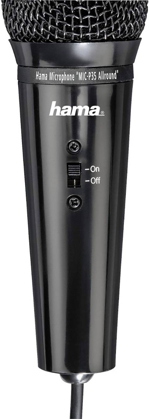 Ein schwarzes Mikrofon mit der Aufschrift 'Hama Mikrofon MIC-P35 Allround', mit Schalter für 'On - Off'.