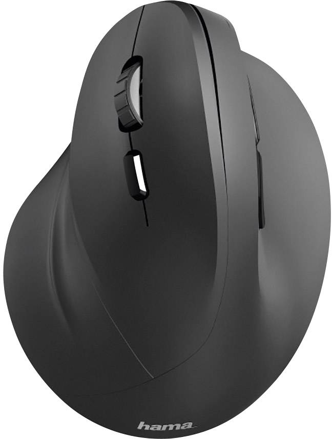 Schwarze, ergonomisch geformte kabellose Computermaus mit Scrollrad und zwei Tasten, geeignet für komfortable Handposition.