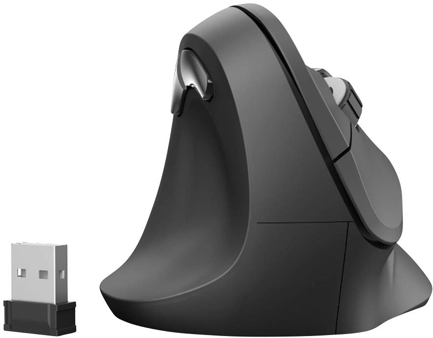 Vertikale ergonomische Maus mit einem USB-Dongle daneben, designed für komfortables Arbeiten und zur Reduzierung von Handgelenksbelastung.