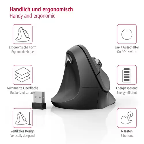 Hama EMW-500L Ergonomische Maus Funk Optisch Schwarz 6 Tasten 1800 dpi Ergonomisch Hama EMW-500L Ergonomische Maus Funk Optisch Schwarz 6 Tasten 1800 dpi Ergonomisch