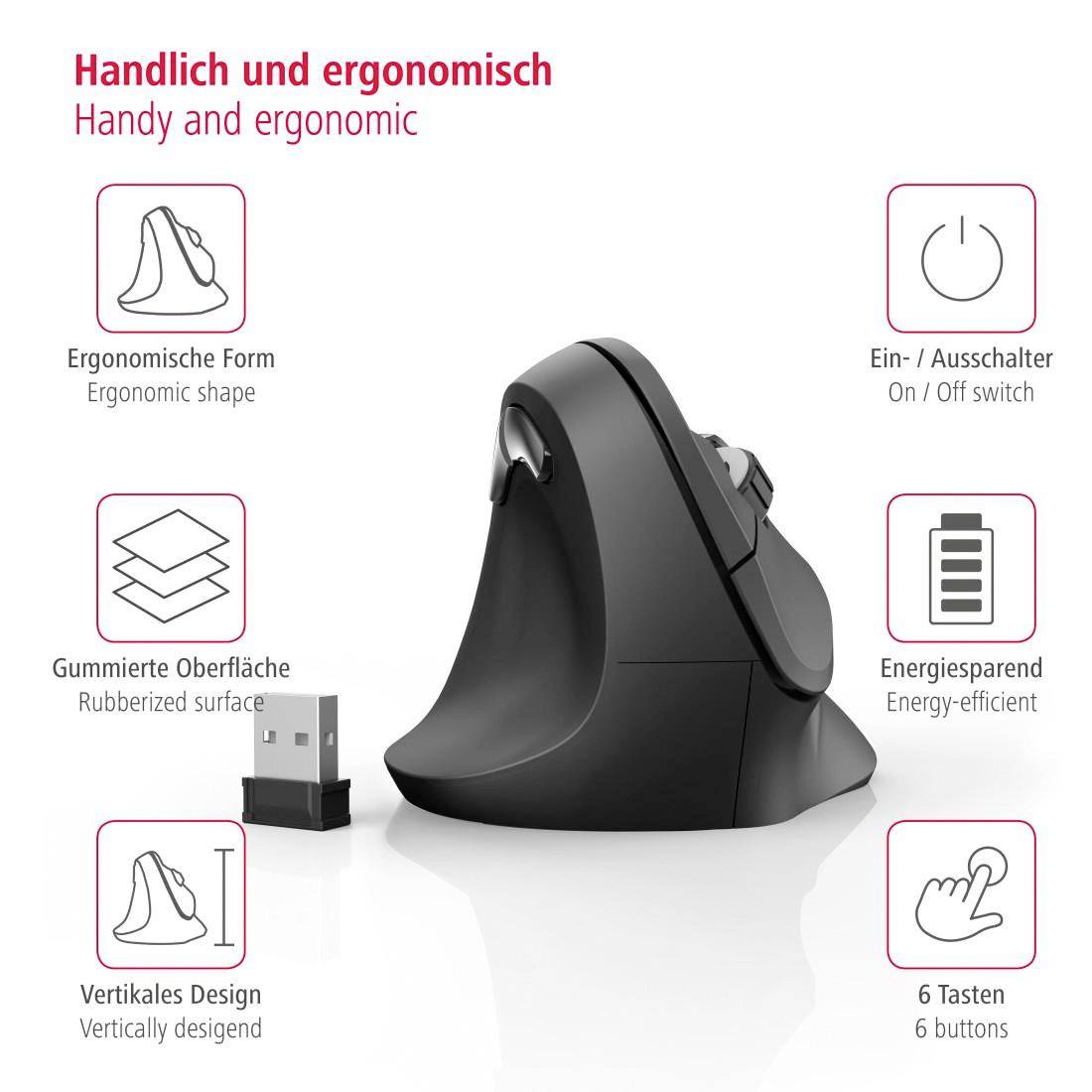 Ergonomische, kabellose, vertikale Maus mit sechs Tasten und gummierter Oberfläche. Schaltet energiesparend ein/aus.