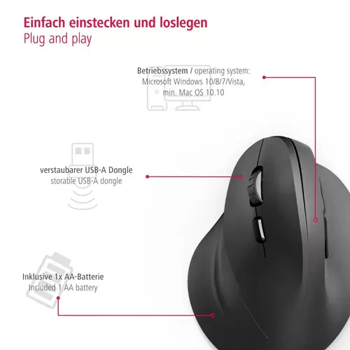 Hama EMW-500L Ergonomische Maus Funk Optisch Schwarz 6 Tasten 1800 dpi Ergonomisch Hama EMW-500L Ergonomische Maus Funk Optisch Schwarz 6 Tasten 1800 dpi Ergonomisch