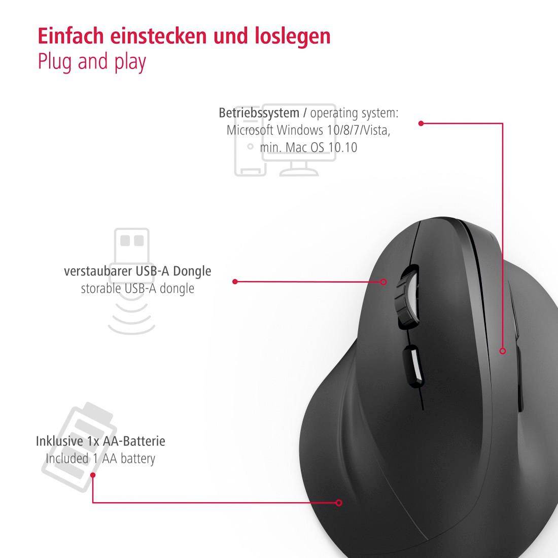 Eine ergonomische, kabellose Maus mit Plug-and-Play-USB-Dongle. Kompatibel mit Windows und Mac. Benötigt eine AA-Batterie.