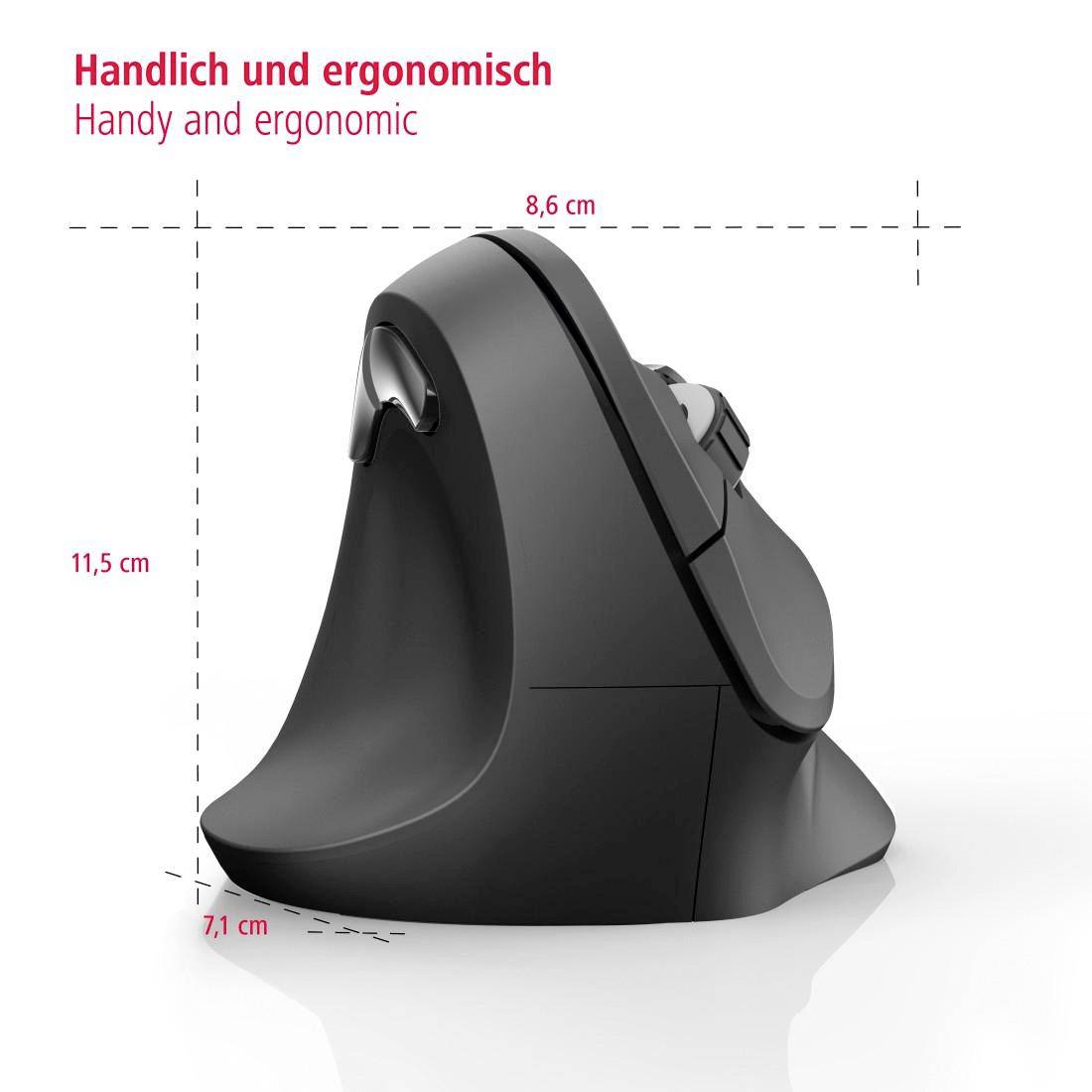 Ergonomische vertikale Maus in Schwarz, Maße: 11,5 cm hoch, 8,6 cm breit, 7,1 cm tief. Beschriftung: 'Handlich und ergonomisch'.