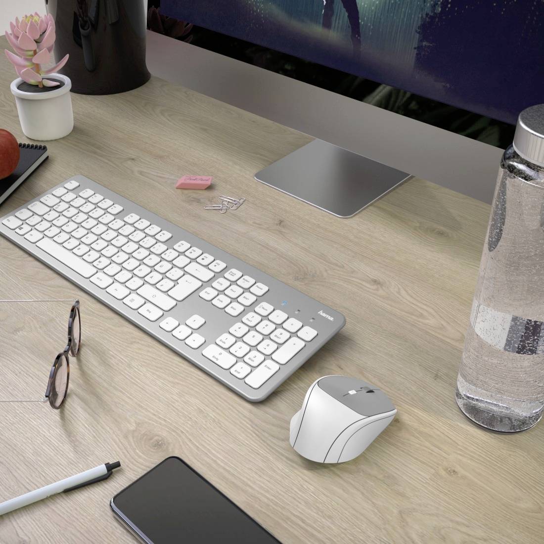 Hama KMW700 Funk Tastatur, Maus-Set Deutsch, QWERTZ Silber, Weiß