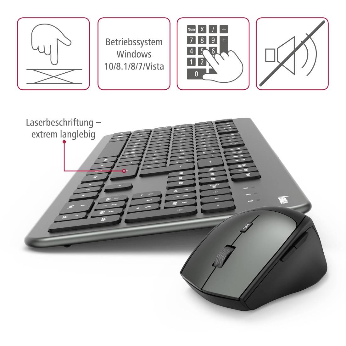 Hama KMW700 Funk Tastatur, Maus-Set Ergonomisch Deutsch, QWERTZ Anthrazit/Schwarz